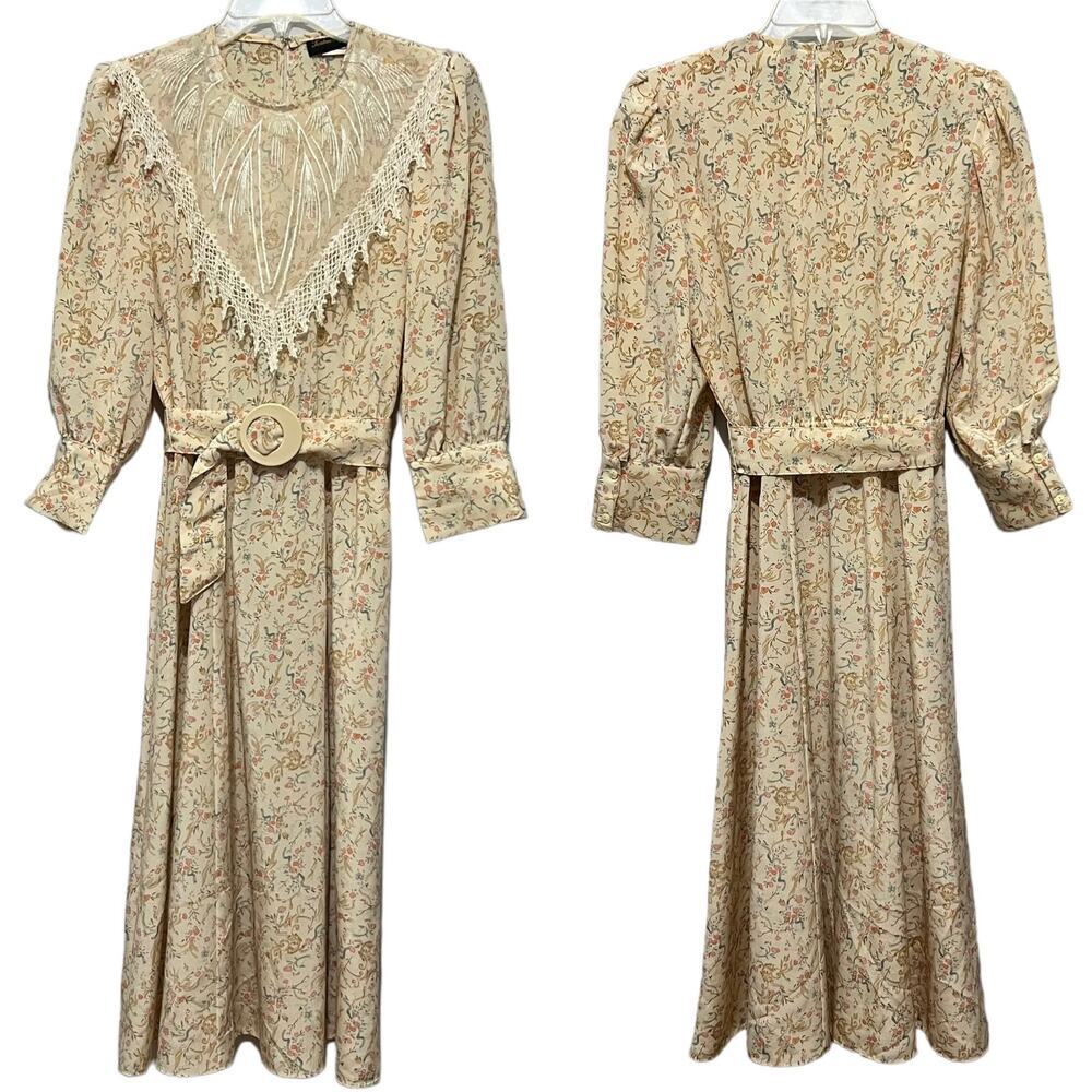Vintage 80’s Lace Collar Floral Print Dress Cottagecore 3/4
